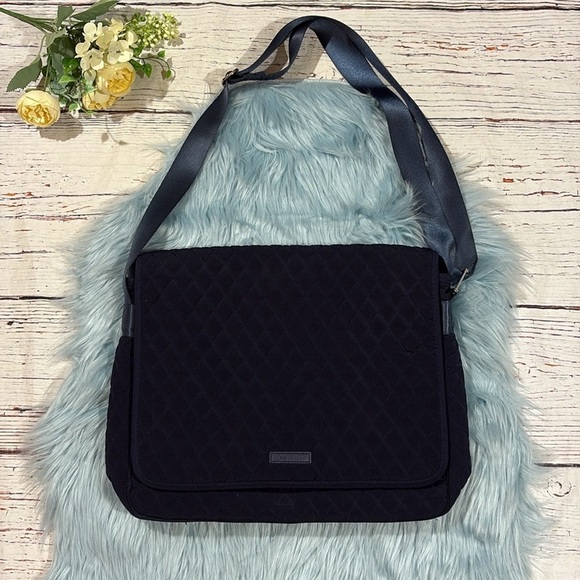 VERA BRADLEY QUILTED LAPTOP MESSENGER BAG NAVY BLUE - Picture 3 of 11
